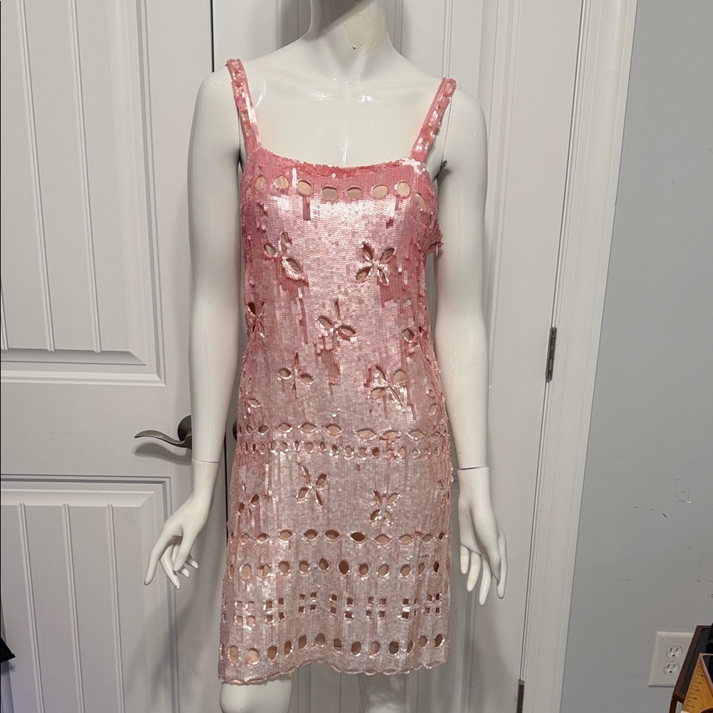 Blugirl Blumarine Pink Sequin Dress Floral Cutout Mini Y2K ,vintage glam
